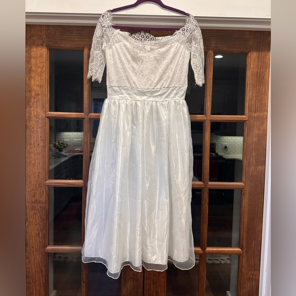 NWT White Lace Off the Shoulder Midi Dress‎ Size Large Bridal - Picture 1 of 14